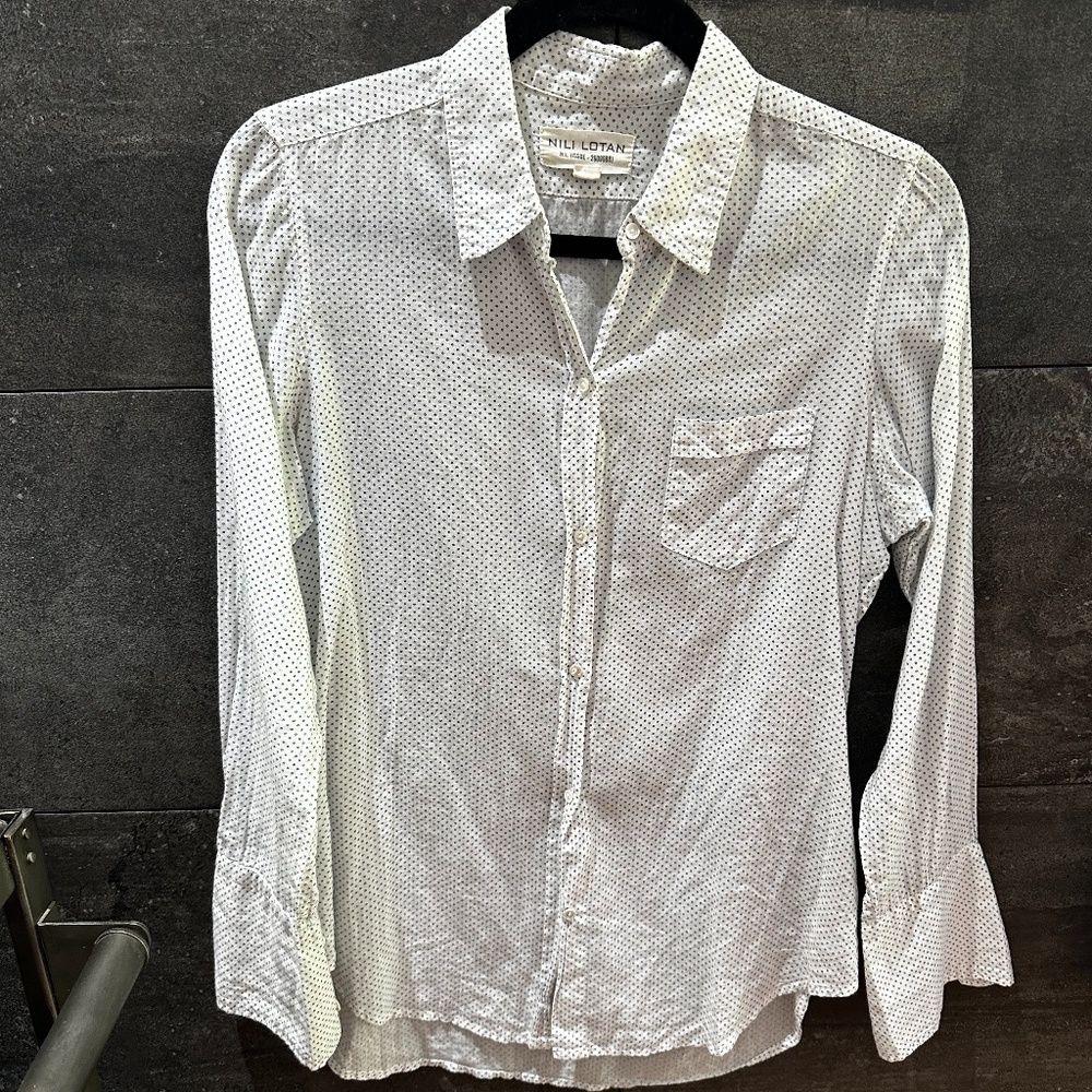 Nili Lotan Cream Button Down Shirt with Dot Pattern